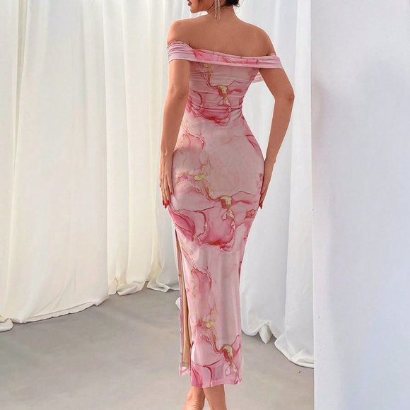 Pink Boho Women's Valentine's Day Floral Print Off-Shoulder Mesh Maxi Dress - Picture 3 of 5